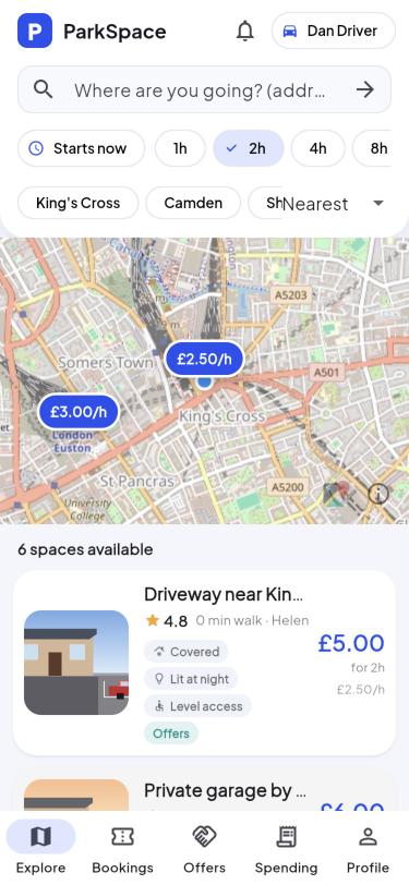 ParkSpace map search with priced pins around King’s Cross