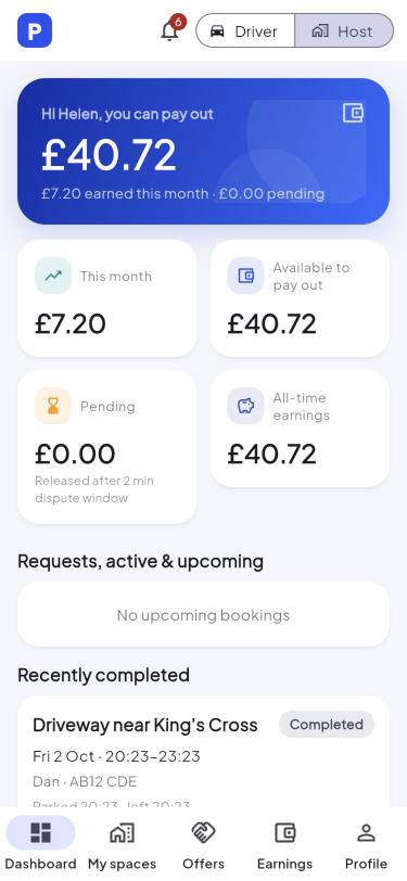 Host dashboard with earnings and payouts