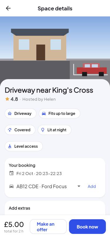 A driveway listing with features, booking window, and price